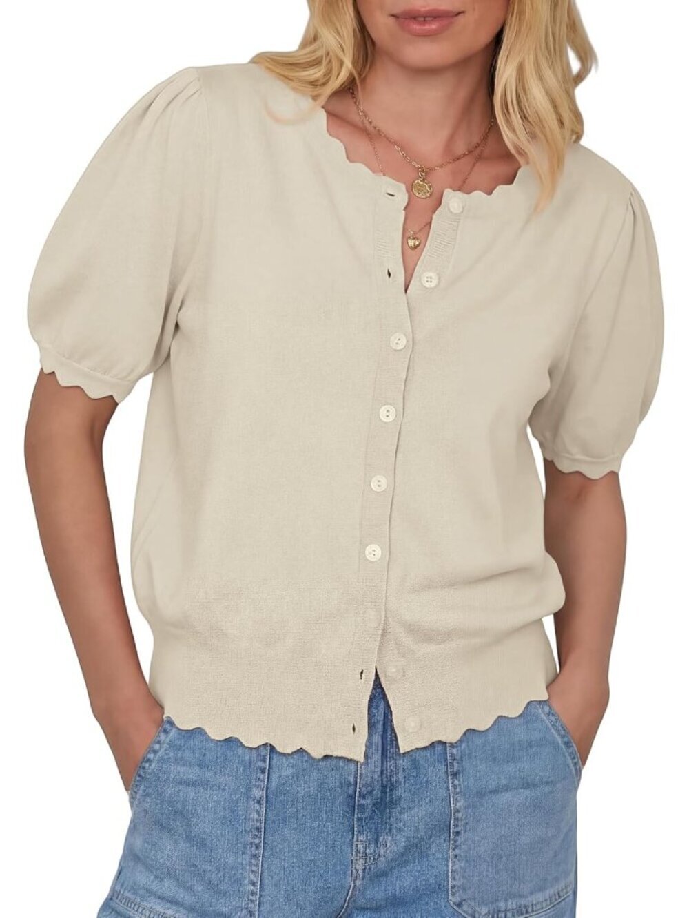 Women's Cream White Short Sleeve Crew Neck Button Up Imported Sweaters Cardigan